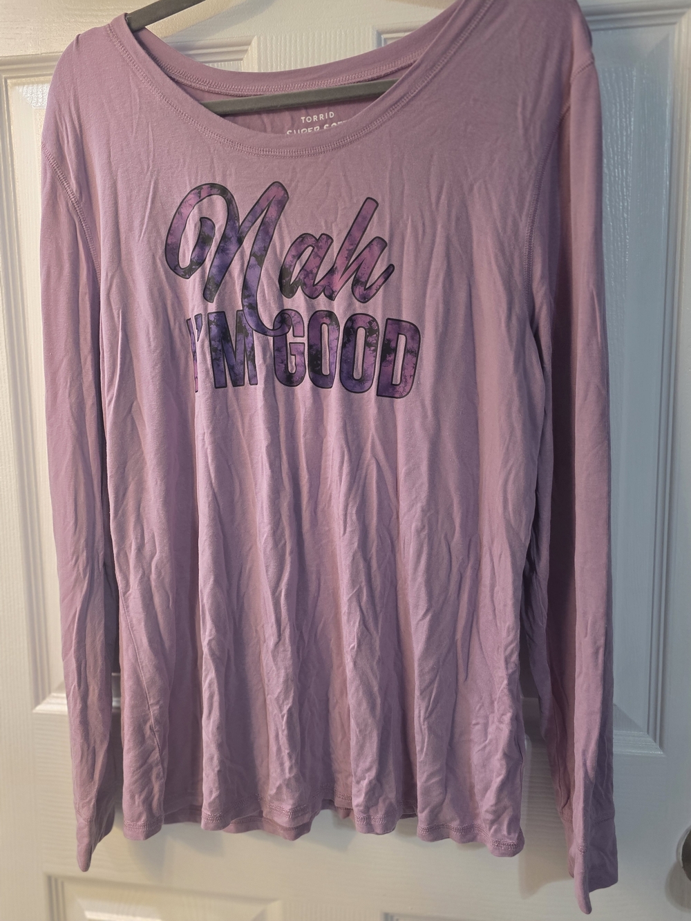 torrid lavender long sleeve pajama top with "Nah I'm Good" graphic 2